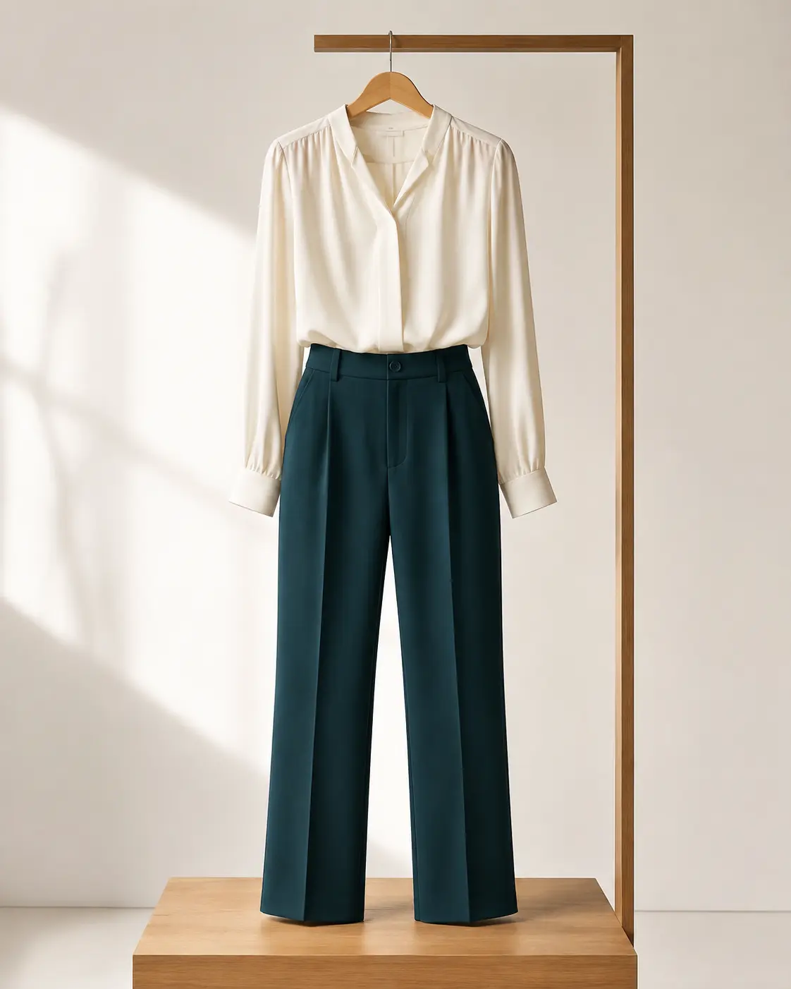 Blusa marfil combinada con pantalón azul petróleo