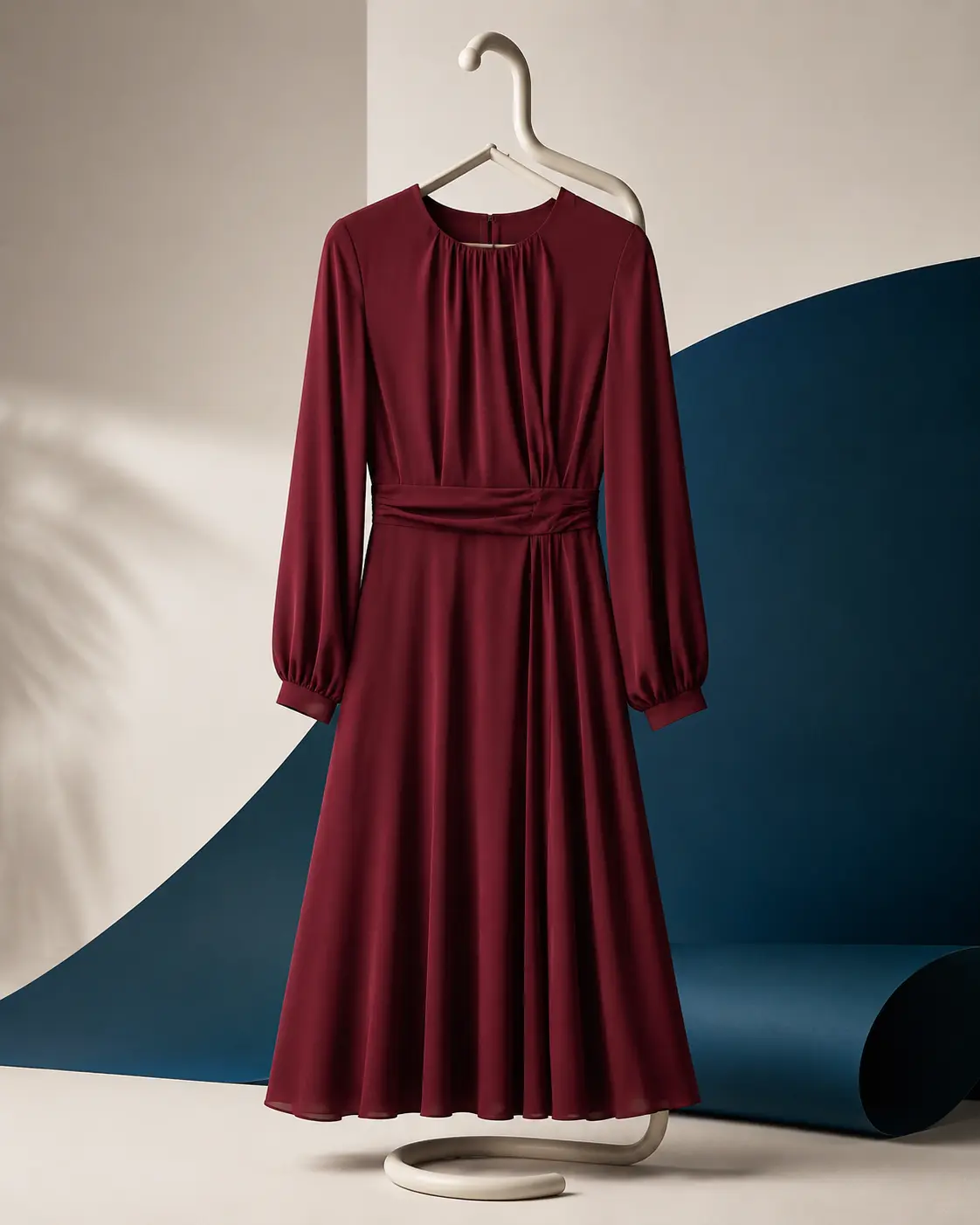 Vestido midi color borgoña de manga larga
